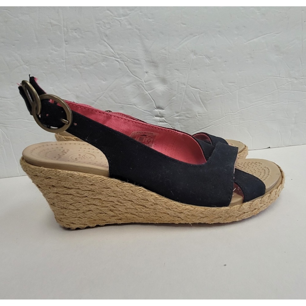 Crocs  A-Leigh Wedge Black Pink Espadrilles Wedge Sandals Women's Size 7 EUC‎